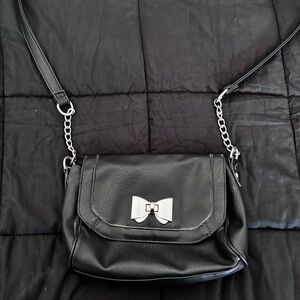 Candies Black Leather Shoulder Bag with Bow Accent